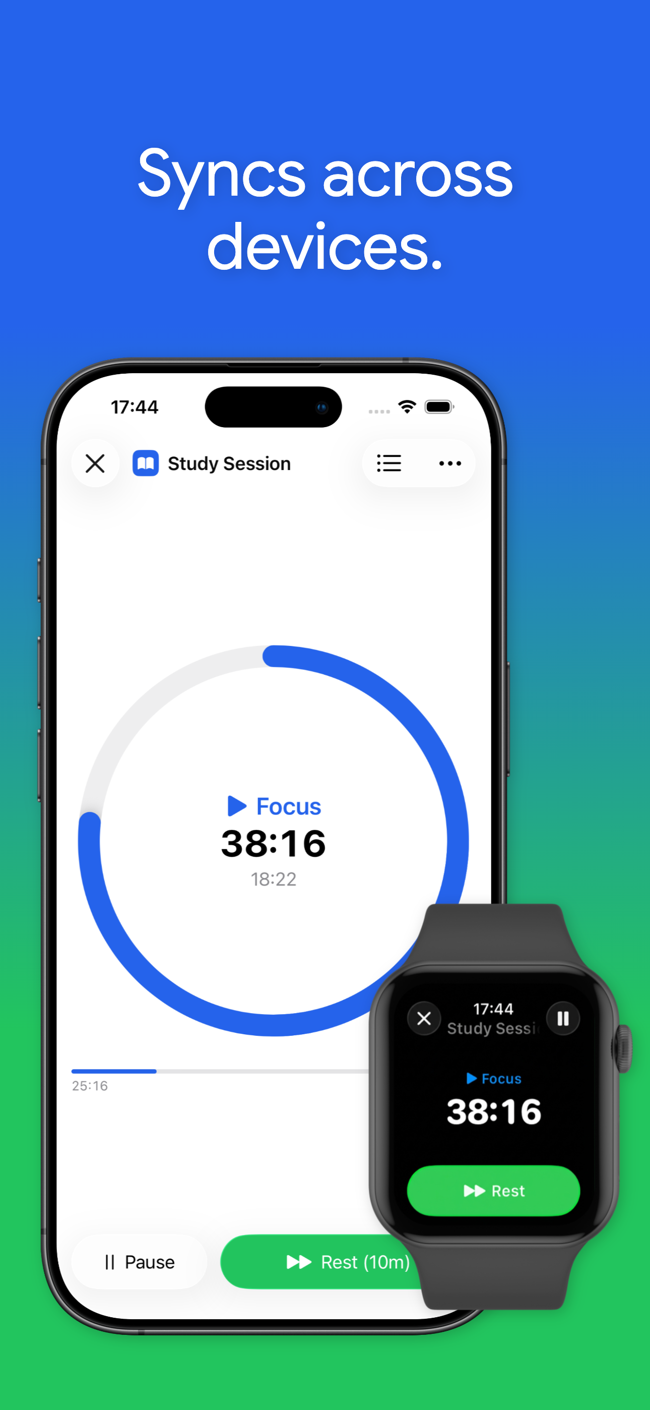 Focus timer synced across iPhone and Apple Watch